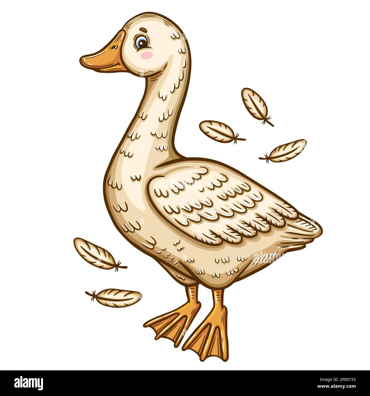 Cute goose, duck farm water bird, gosling poultry, flying feather quills icon. Duckling cartoon character. Swan chick waterfowl domestic animal vector Stock Vector