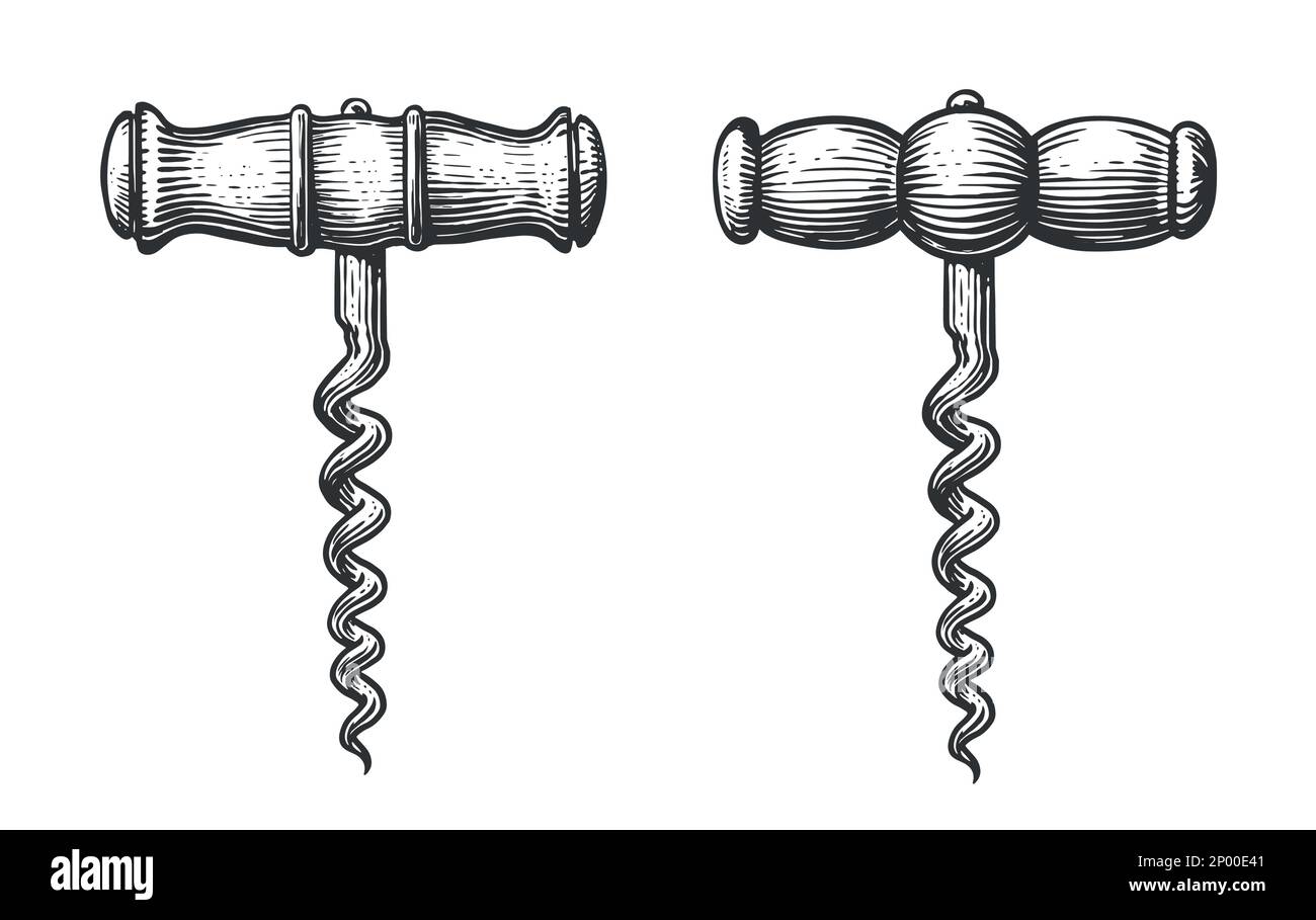 Corkscrew for wine bottle. Wine concept sketch. Black vintage engraved vector illustration isolated on white background Stock Vector