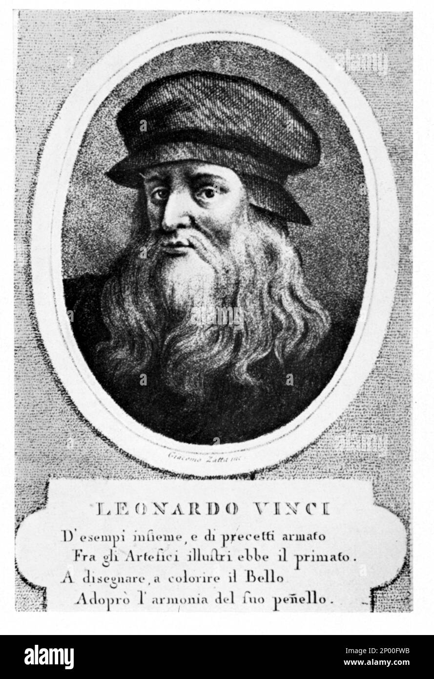 The italian genius , painter , sculptor , architect and scientist LEONARDO DA VINCI ( 1452 - 1519 ) , engraving from the celebrated  portrayed by anonimous painter at Uffizi Gallery , Florence - ARTISTA - GENIO - SCIENZIATO - PITTORE - SCULTORE - ARCHITETTO - INVENTORE - ARTE - ART - hat - cappello - barba - beard - incisione - illustrazione ----  Archivio GBB Stock Photo