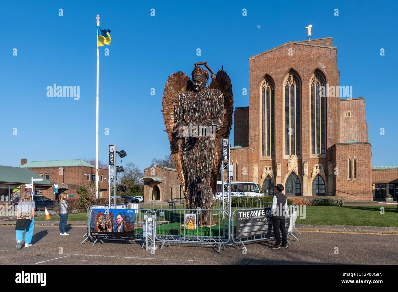 2 March 2023. The Knife Angel sculpture by artist Alfie Bradley is on display in front of Guildford Cathedral, Surrey, England, UK, for the month. It is known as the national monument against violence and aggression. The sculpture was made from thousands of blunted knives handed in during a knife amnesty throughout the country in agreement with the 43 police constabularies. It was the idea of Clive Knowles, chairman of the British Ironwork Centre in Shropshire. Stock Photo