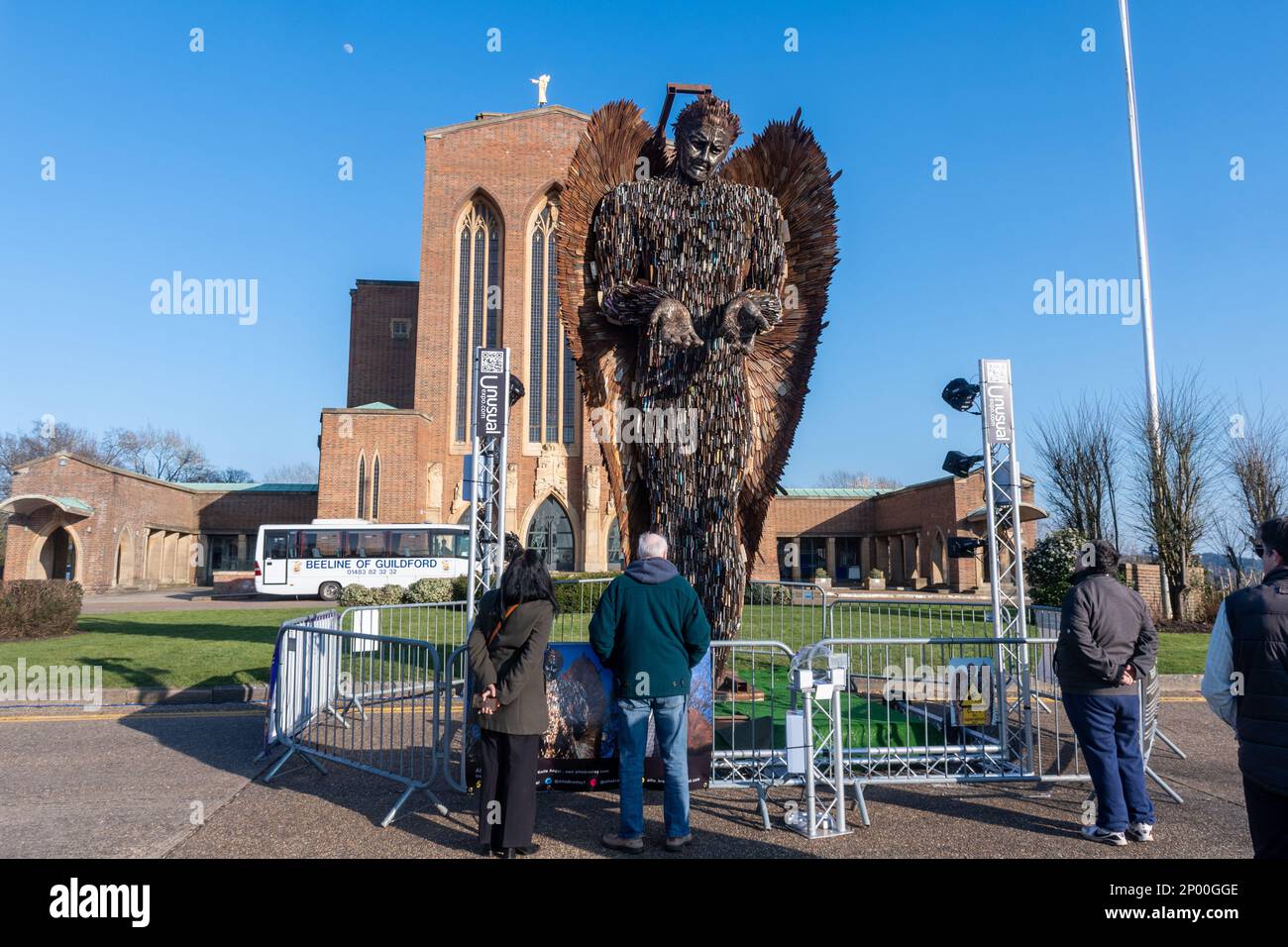 2 March 2023. The Knife Angel sculpture by artist Alfie Bradley is on display in front of Guildford Cathedral, Surrey, England, UK, for the month. It is known as the national monument against violence and aggression. The sculpture was made from thousands of blunted knives handed in during a knife amnesty throughout the country in agreement with the 43 police constabularies. It was the idea of Clive Knowles, chairman of the British Ironwork Centre in Shropshire. Stock Photo