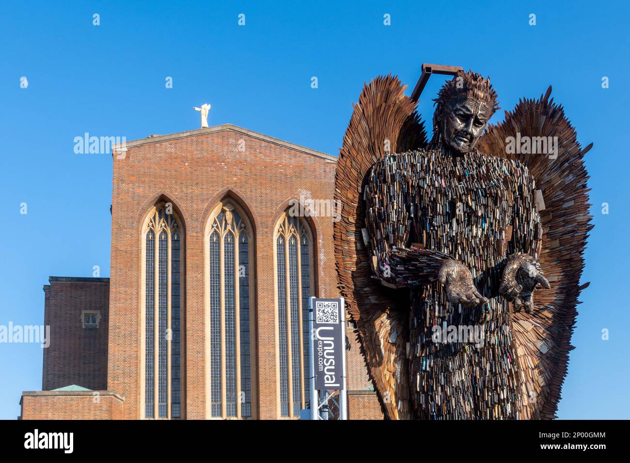 2 March 2023. The Knife Angel sculpture by artist Alfie Bradley is on display in front of Guildford Cathedral, Surrey, England, UK, for the month. It is known as the national monument against violence and aggression. The sculpture was made from thousands of blunted knives handed in during a knife amnesty throughout the country in agreement with the 43 police constabularies. It was the idea of Clive Knowles, chairman of the British Ironwork Centre in Shropshire. Stock Photo