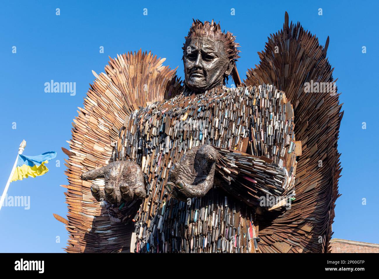 2 March 2023. The Knife Angel sculpture by artist Alfie Bradley is on display in front of Guildford Cathedral, Surrey, England, UK, for the month. It is known as the national monument against violence and aggression. The sculpture was made from thousands of blunted knives handed in during a knife amnesty throughout the country in agreement with the 43 police constabularies. It was the idea of Clive Knowles, chairman of the British Ironwork Centre in Shropshire. Stock Photo