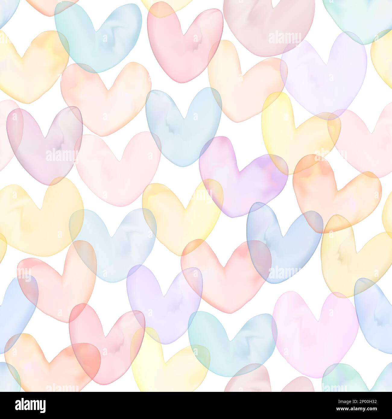 Vector Gradient Mesh Watercolor Drawing Multi Colors Overlapping Heart Shapes Seamless Pattern in Pastel Pink and Yellow. Stock Vector
