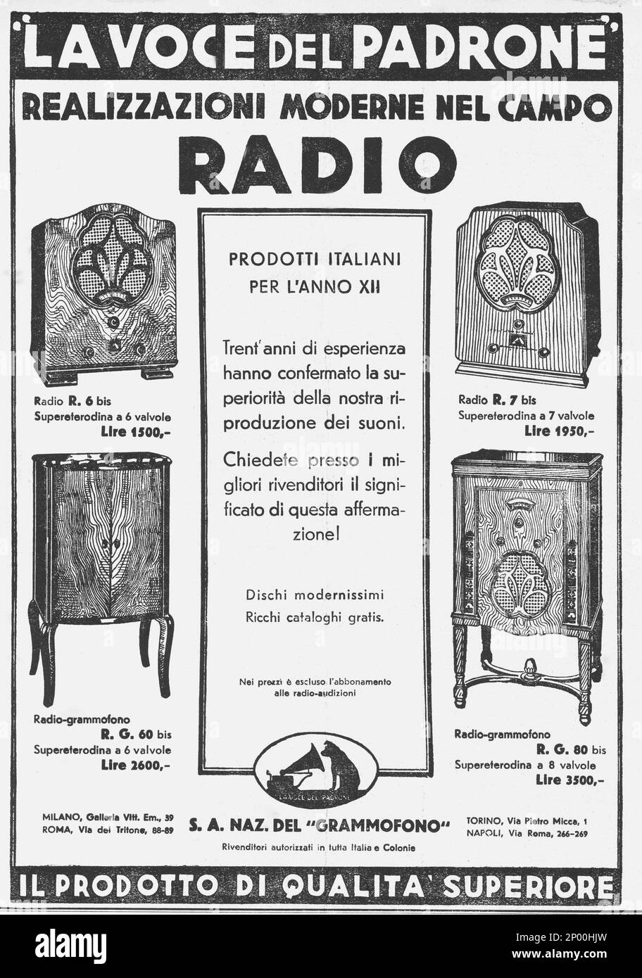 1934 : Advertising for the italian RADIO  LA VOCE DEL PADRONE ( The Master and his Voice ) - EIAR - E.I.A.R. - ANNI TRENTA - '30 - 30's  - fascismo - fascism - fascist - fascista - pubblicità ----  Archivio GBB Stock Photo