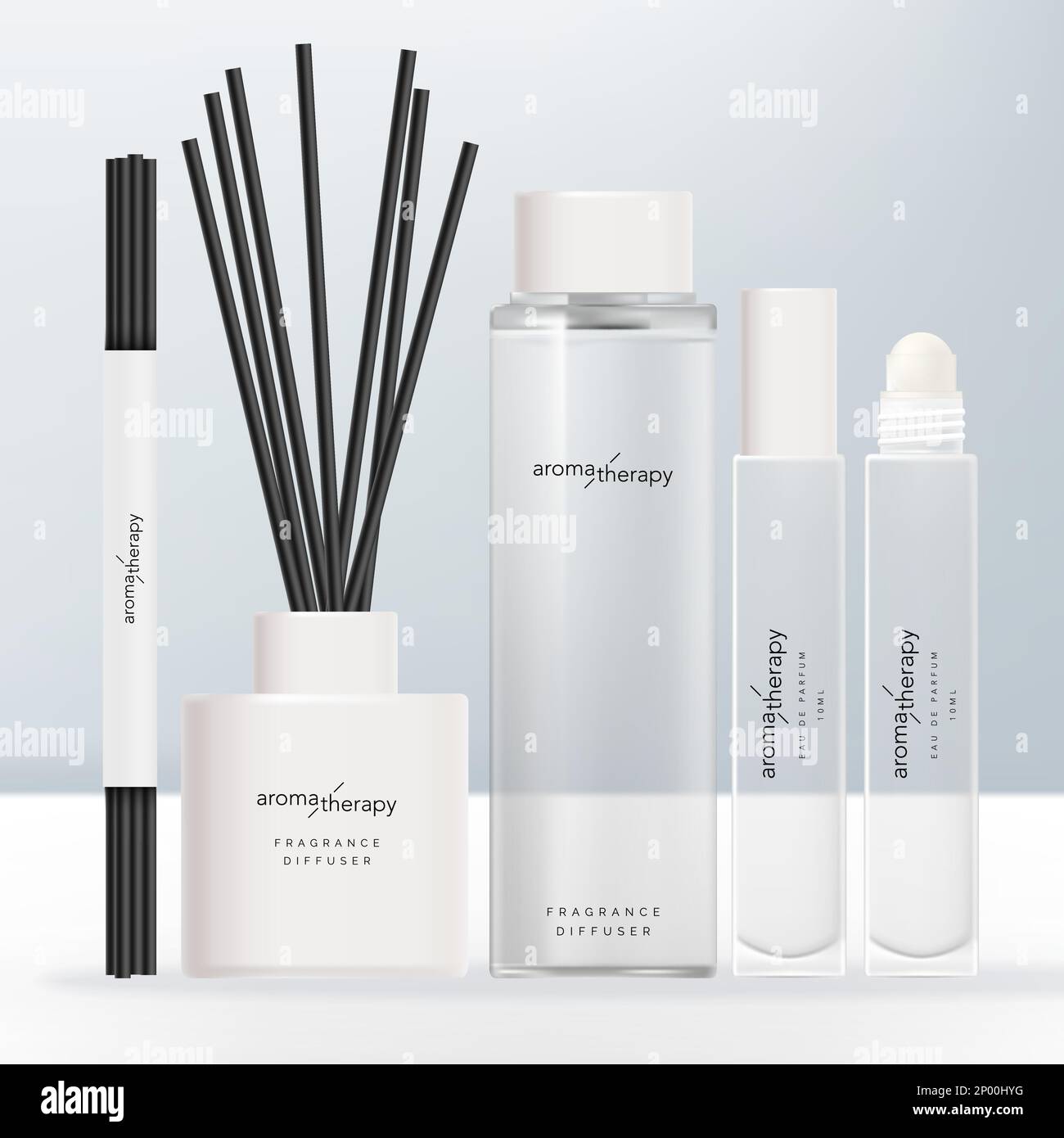 Vector Clear Glass or Plastic Tall Screw Cap Bottle, Opaque White Diffuser, Roll-on Fragrance Bottle and Charcoal Reed Aromatic Home Diffuser Set. Stock Vector