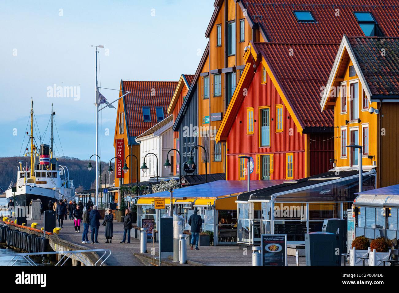 Bars and restaurants on the waterfront in Tonsberg, Norway. Stock Photo