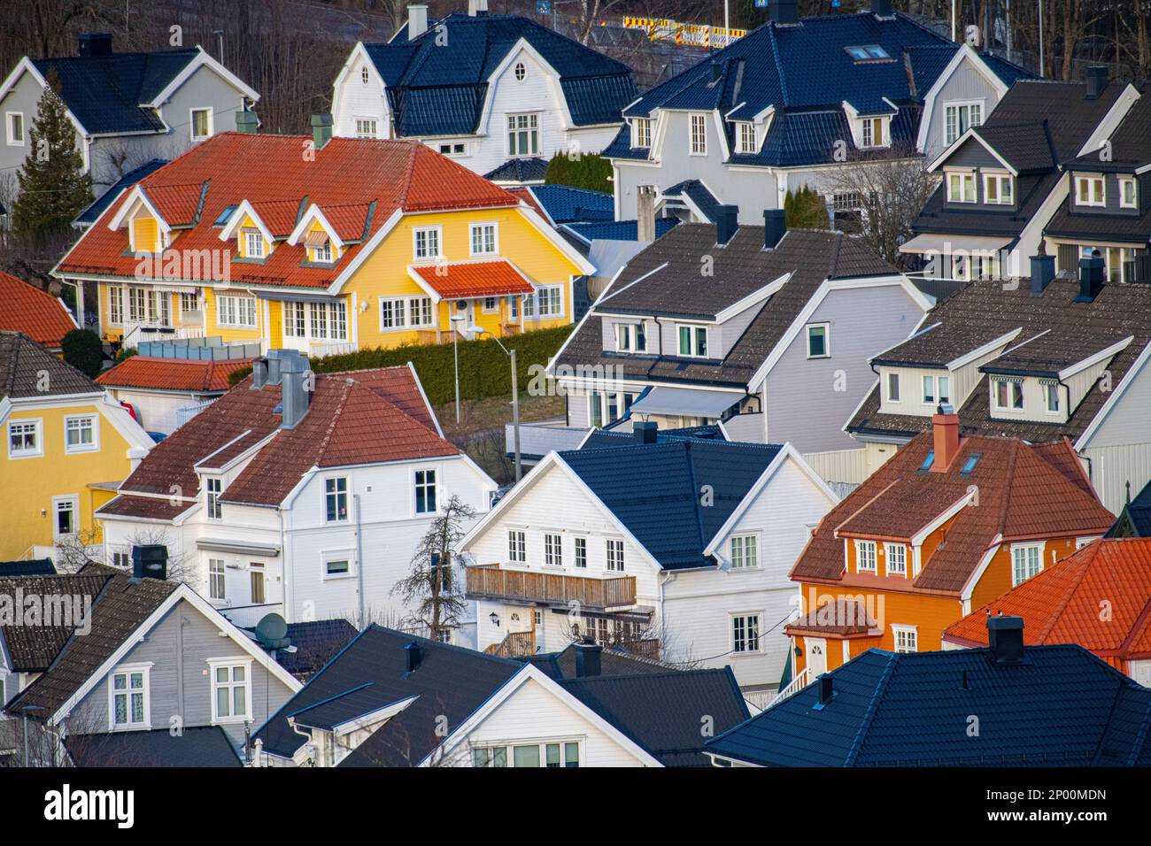 Traditional brightly coloured housing architecture in Tonsberg, Norway. Stock Photo