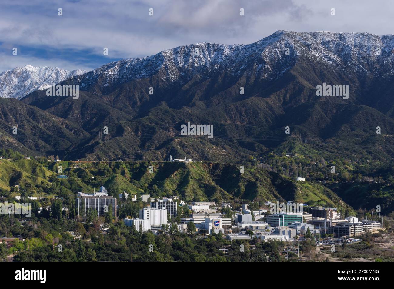 Jet Propulsion Laboratory, JPL, shown against the San Gabriel Mountains. Stock Photo