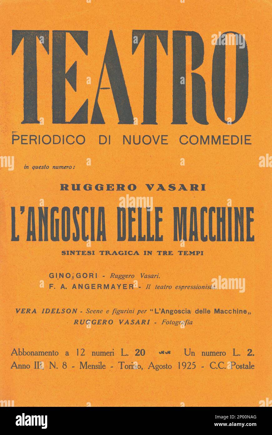 1925 , august  : The cover of italian magazine TEATRO with the enterely issue dedicated to  futurist artist and playwriter RUGGERO VASARI ( Messina 1898 - 1968 )  and his avangarde comedy L' ANGOSCIA DELLE MACCHINE  , played for the first time in Paris , Theatre Art et Action , the day 27 april 1927 - TEATRO - THEATRE - THEATER - AVANGUARDIA STORICA - AVANGUARDIE STORICHE - PERFORMINGS ARTS - ARTE - ARTI VISIVE - VISUAL  - FUTURISMO - FUTURISTA - FUTURISM  - AVANGUARDIE - copertina di rivista - cover  ----  Archivio GBB Stock Photo