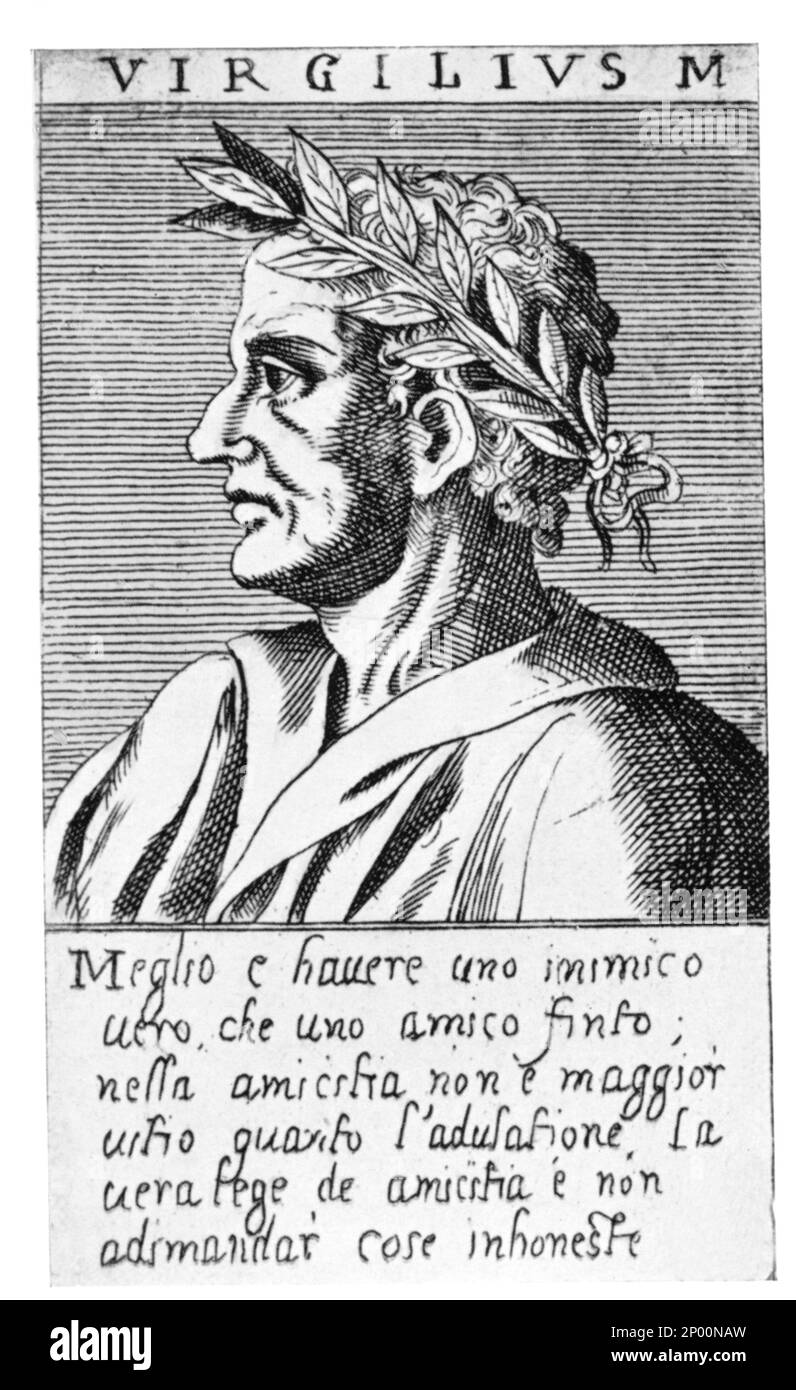 Engraving portrait of  Publio VIRGILIO Marone (  70 - 19 . BC ) latin poet , author of ENEIDE - POETA - POESIA LATINA - latino - LETTERATO - LETTERATURA - LITERATURE - incisione - illustrazione - incisione  - GUERRA di TROIA - TROY WAR - POETRY - profilo - profile - corona di alloro - lauro - laurum crown - SCRITTORE - WRITER - VIRGILIUM - VIRGIL ----  Archivio GBB Stock Photo