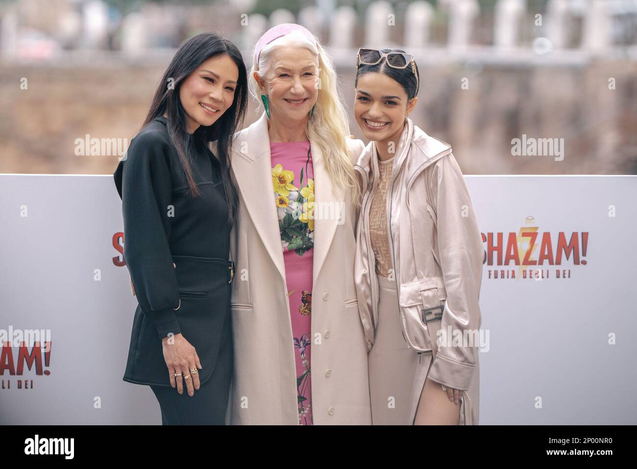 Rome, Italy. March 02, 2023, (L-R) Lucy Liu, Helen Mirren and Rachel Zegler attend the photocall for ''Shazam! Fury Of The Gods'' at Palazzo Manfredi on March 02, 2023 in Rome, Italy (Photo by Luca Carlino/NurPhoto) Credit: NurPhoto SRL/Alamy Live News Stock Photo
