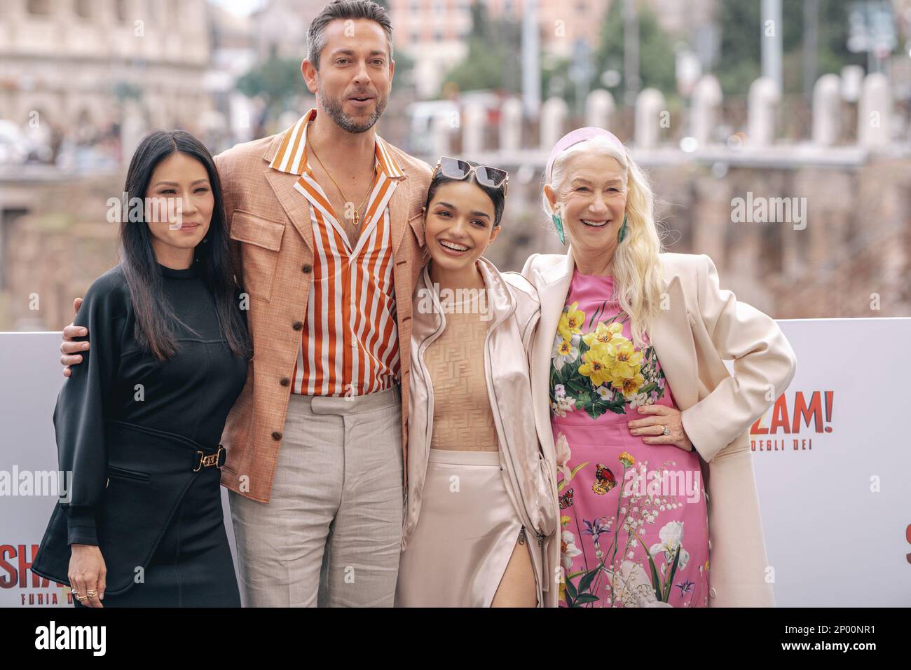 Rome, Italy. March 02, 2023, (L-R) Lucy Liu, Zachary Levi, Rachel Zegler and Helen Mirren attend the photocall for ''Shazam! Fury Of The Gods'' at Palazzo Manfredi on March 02, 2023 in Rome, Italy. (Photo by Luca Carlino/NurPhoto)0 Credit: NurPhoto SRL/Alamy Live News Stock Photo