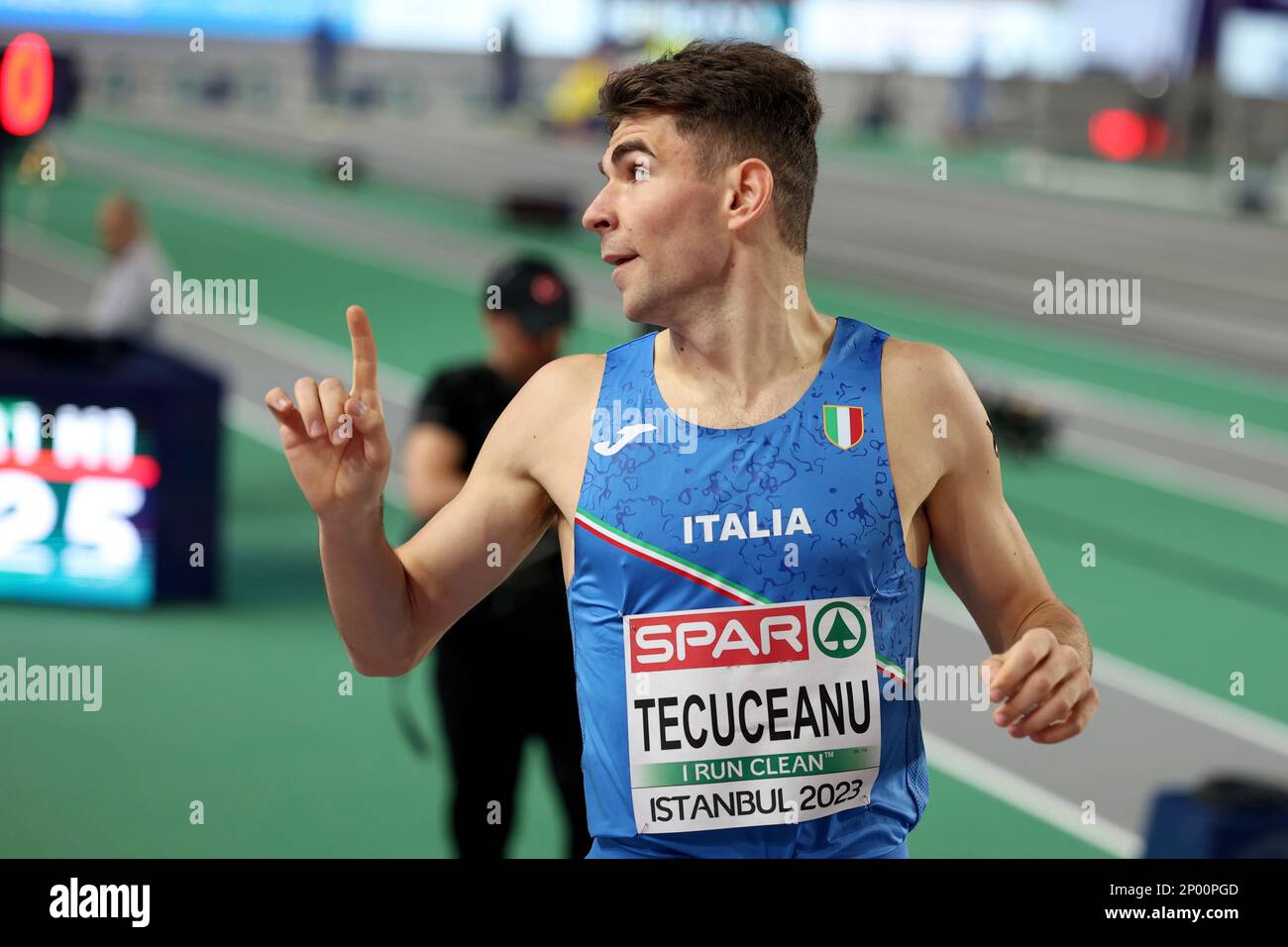 Catalin Tecuceanu, of Italy, reacts after winning his Men 800 meters heat at the European Athletics Indoor Championships at Atakoy Arena in Istanbul, Turkey, Thursday, March 2, 2023