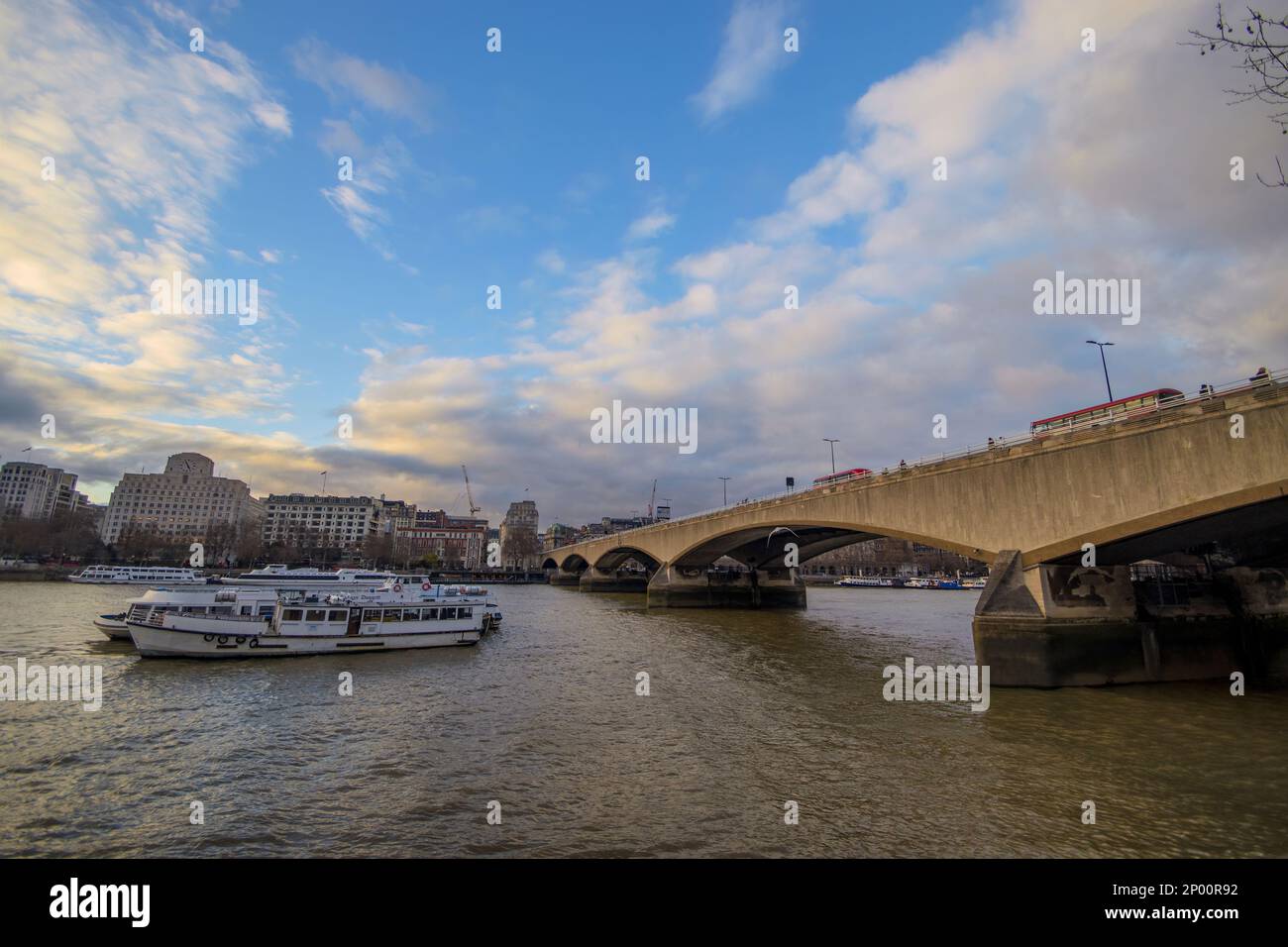 Sunset over Waterloo Bridge and the River Thames in London, UK Stock Photo