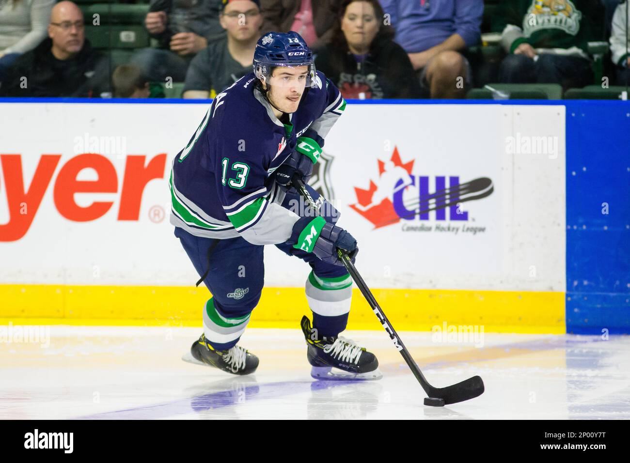 Seattle Thunderbirds forward Mathew Barzal (13) skates with the puck  against the Everett Silvertips on Sunday, Feb. 26, 2017 at ShoWare Center  in Kent, Washington. Seattle defeated Everett by a final score