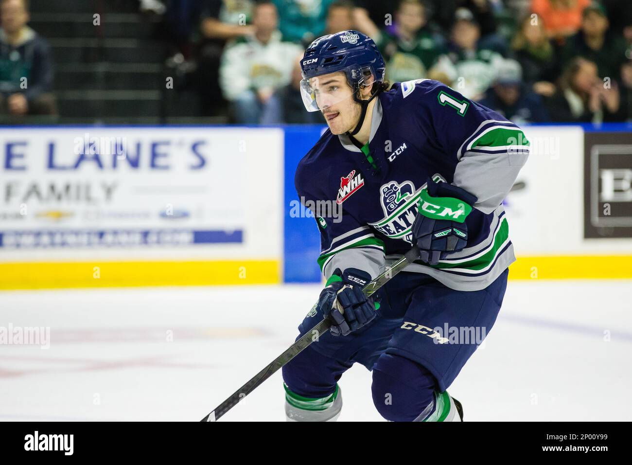 Seattle Thunderbirds forward Mathew Barzal (13) skates with the puck  against the Everett Silvertips on Sunday, Feb. 26, 2017 at ShoWare Center  in Kent, Washington. Seattle defeated Everett by a final score