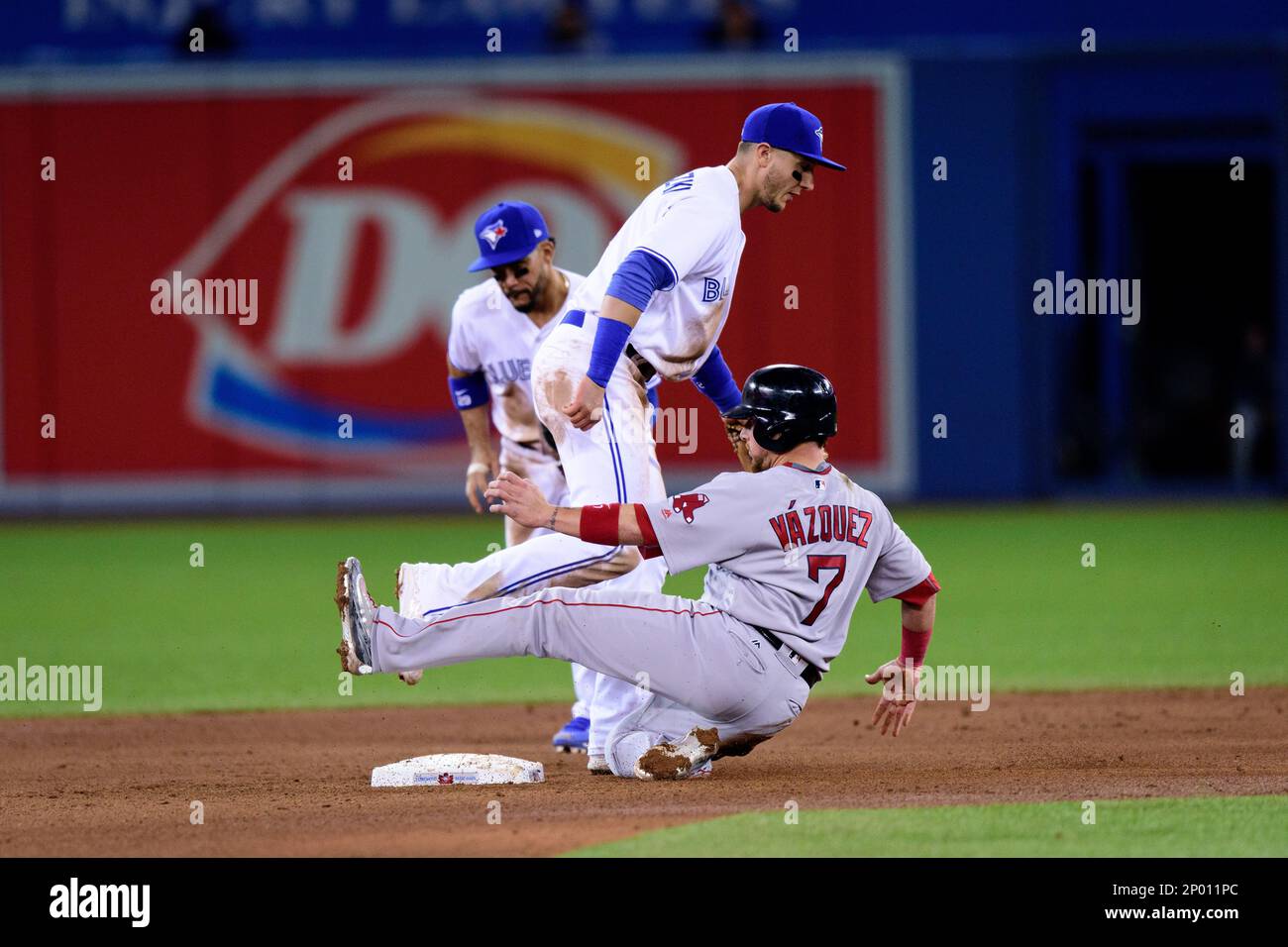 TORONTO, ON - APRIL 18: Boston Red Sox Catcher Christian Vazquez (7) slides  into second base during the MLB regular season game between the Toronto  Blue Jays and the Boston Red Sox