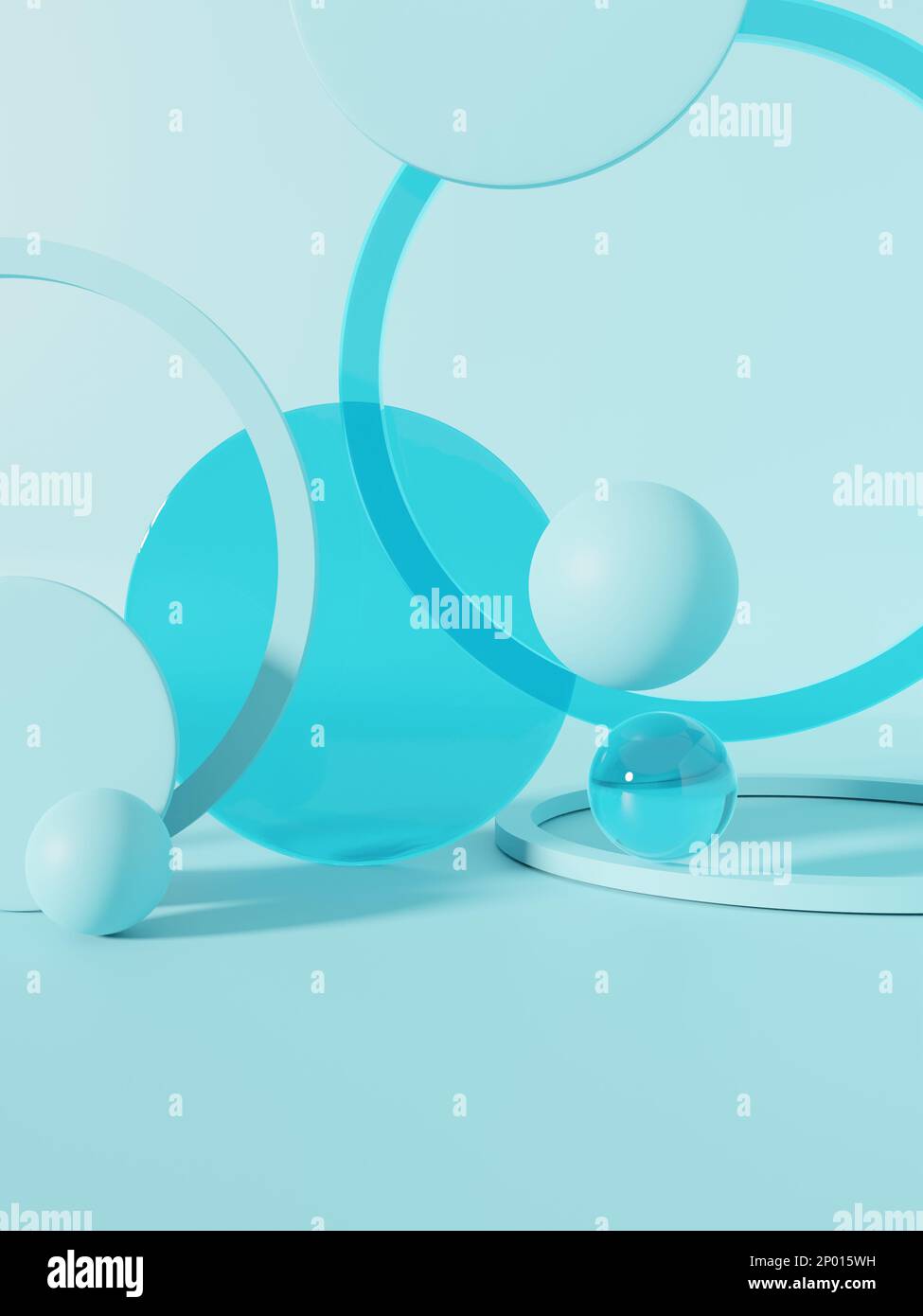 3D Rendering Studio Shot Product Display Background with Transparent Blue Spheres, Plates and Rings for Beauty or Skincare Products. Stock Photo