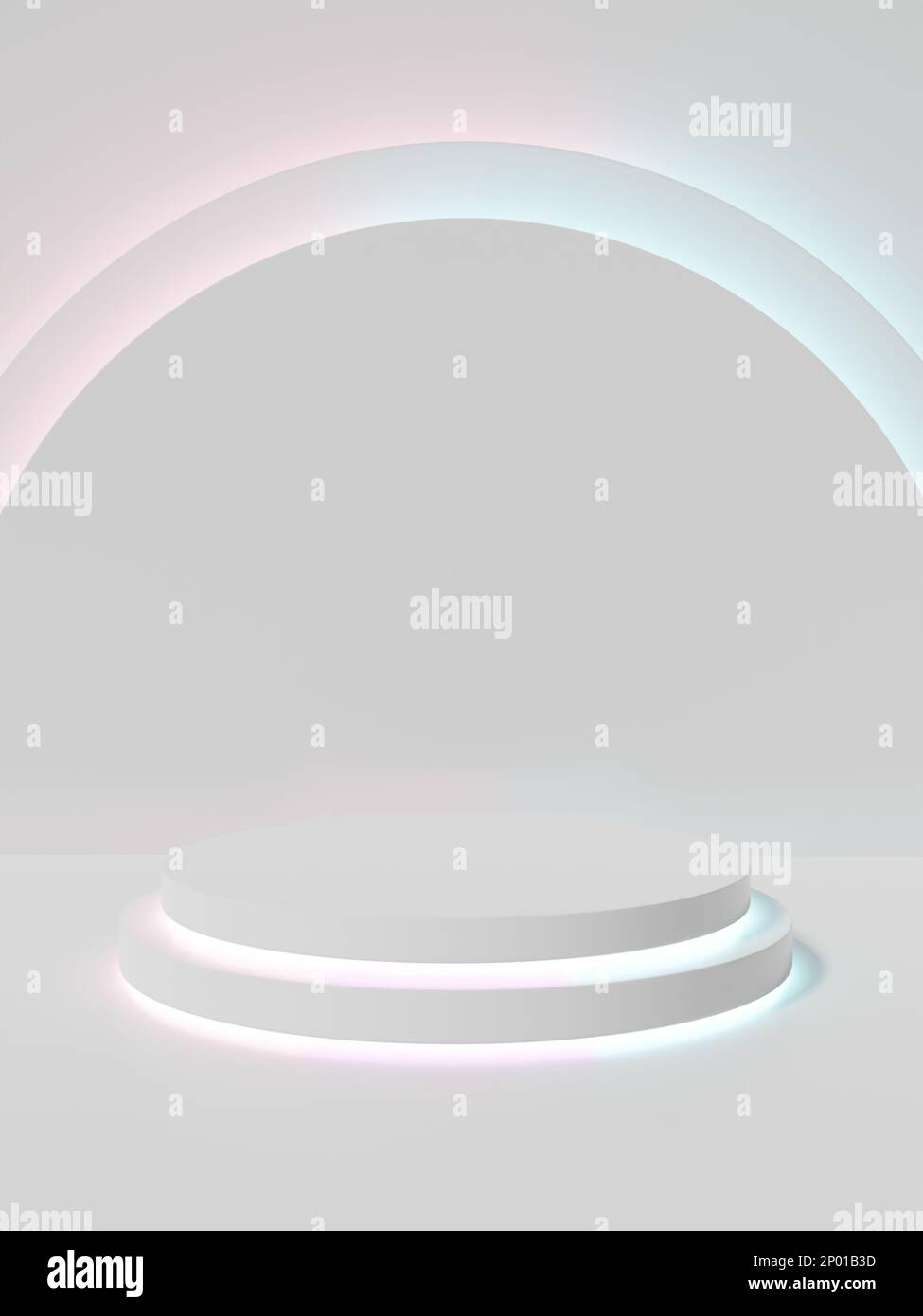 3D Rendering White Room Studio Shot Product Display Background with Geometric Shapes and Iridescent LED Platforms for Whitening Beauty, Cosmetics or H Stock Photo