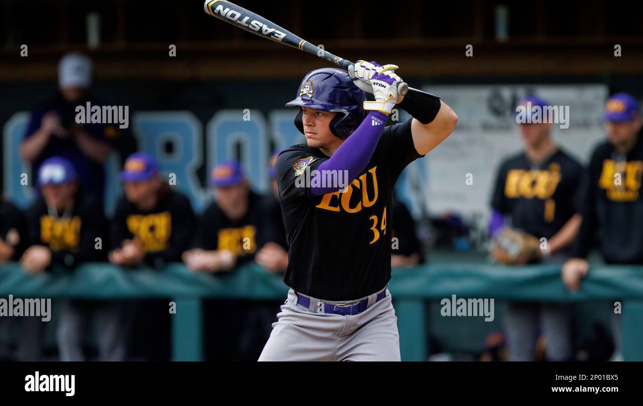 East Carolina's Justin Wilcoxen (34) bats during an NCAA baseball game