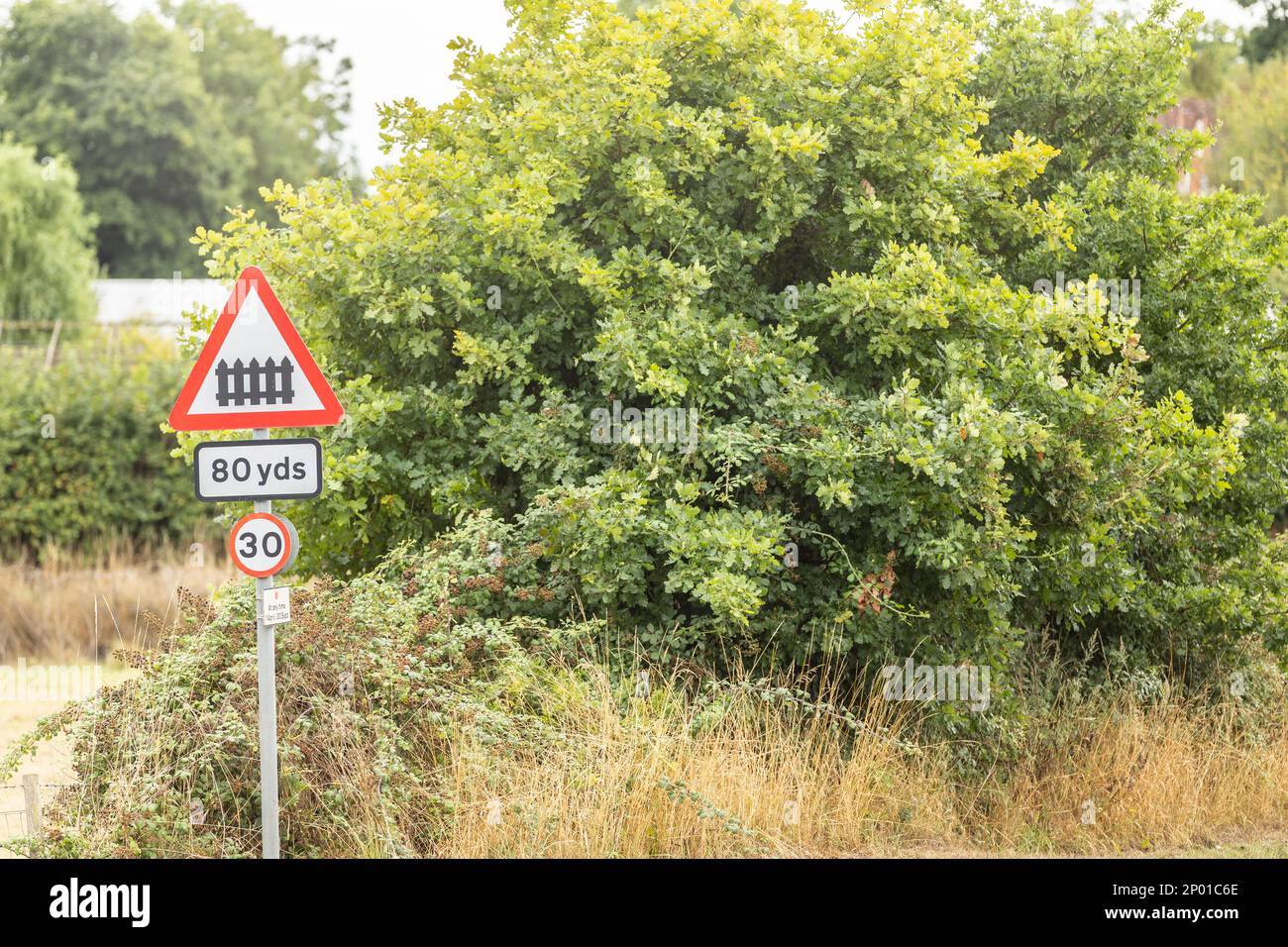 uk road Sign for railway level crossing Stock Photo