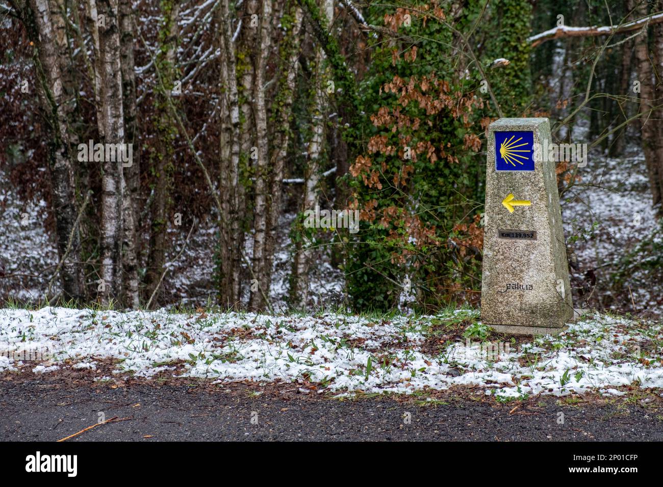 snowy day, stone cairn with yellow arrow and scallop in Camino de Santiago to Compostela , near Ourense , Galicia , Spain Stock Photo