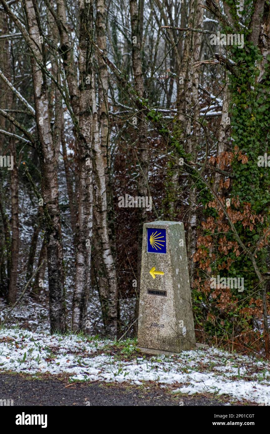 Signpost for pilgrims on the Way of St James, snowy day Stock Photo