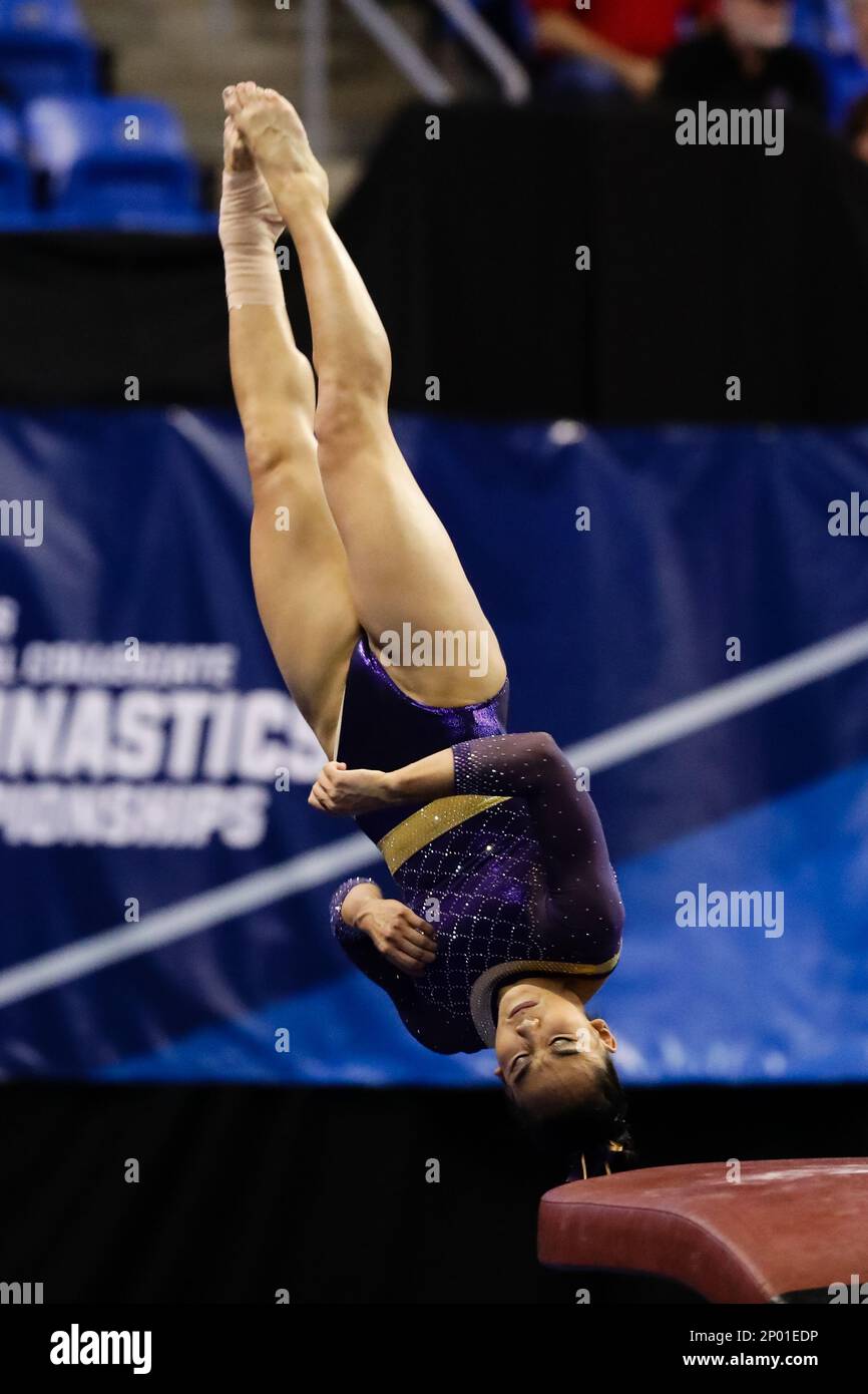 ST. LOUIS, MO APRIL 14 LSU’s Myia Hambrick flips as she heads for
