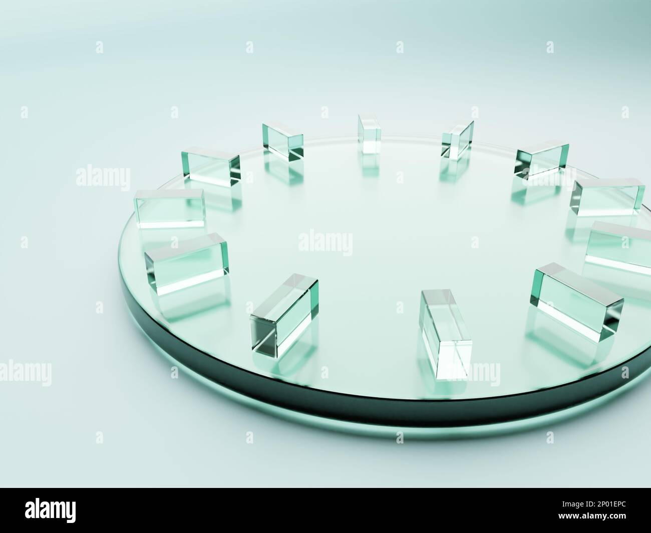 3D Rendering Geometric or Abstract Clock Shape Acrylic Glass Plates Product Display Background for Anti Aging Healthcare and Skincare Products. Stock Photo
