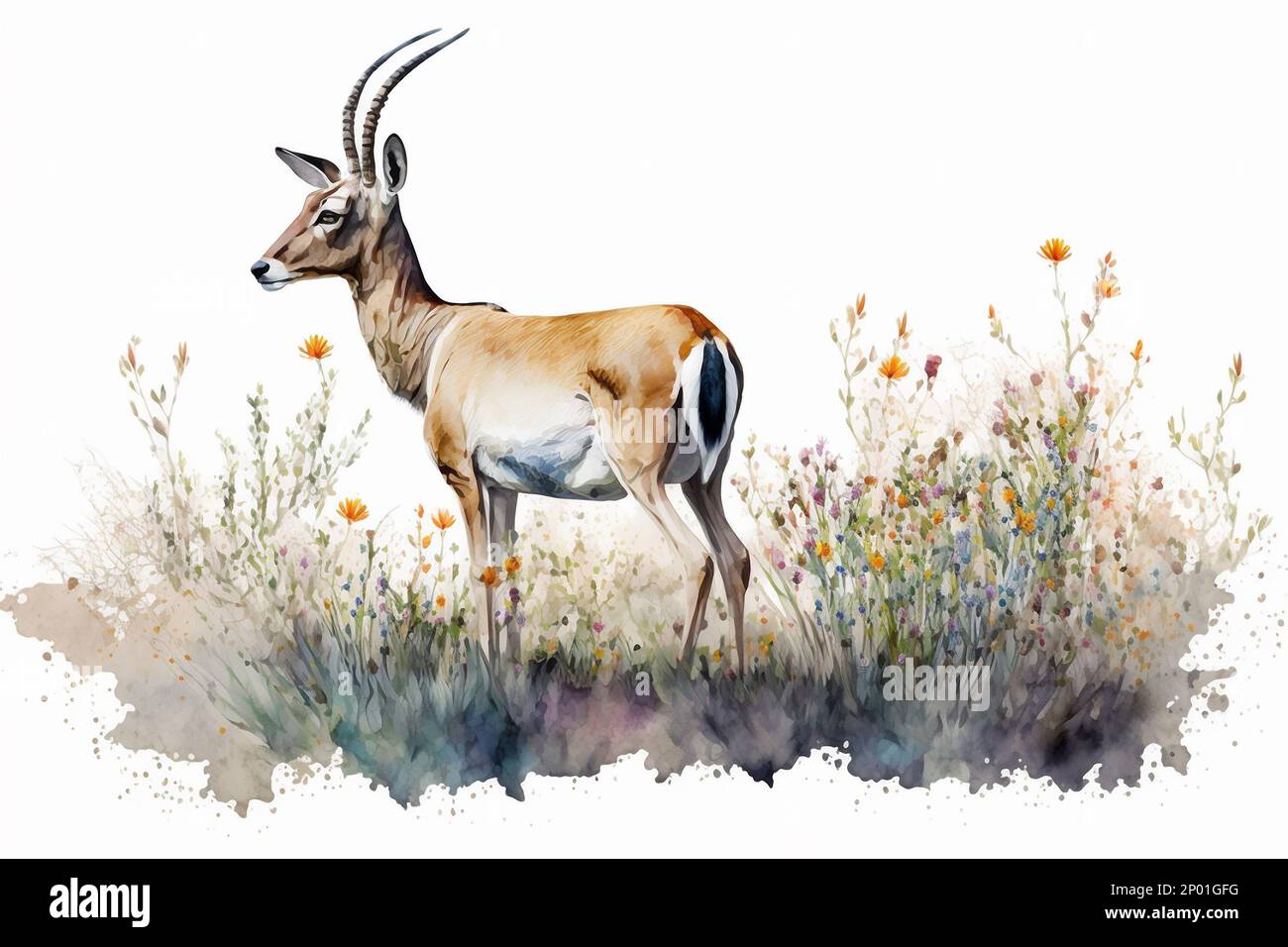 Watercolor painting of peaceful antelope in a colorful flower field. Beautiful artistic animal portrait for poster, wallpaper, art print. Gen. AI. Stock Photo