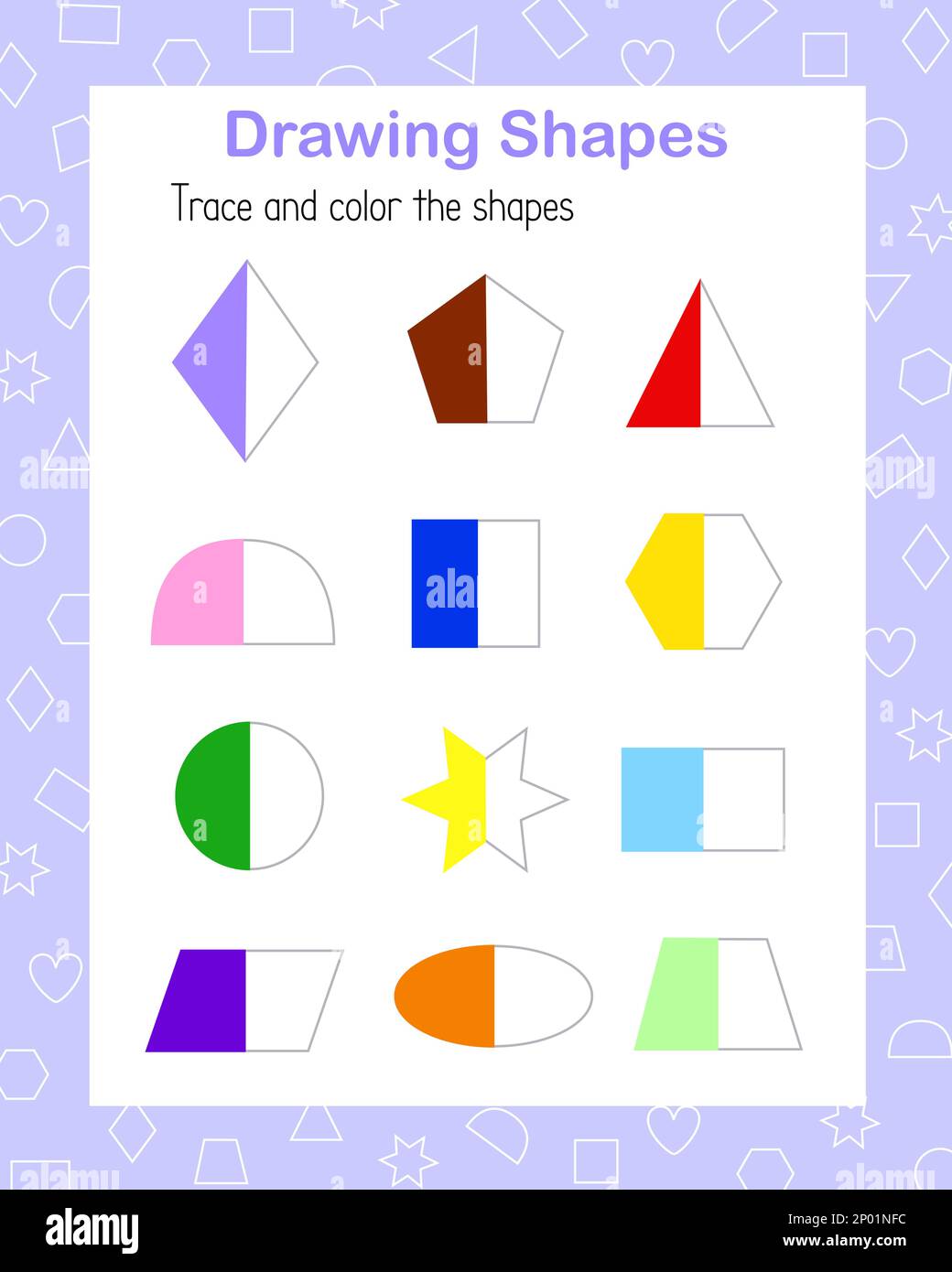 Trace, draw color geometry linear shapes handwriting practice vector