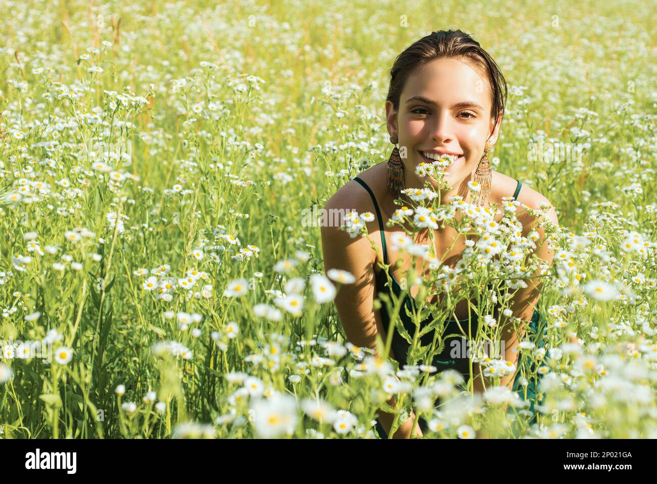Spring Girl Spring girl outdoor in summer field. Healthy breathing concept, Unity ...