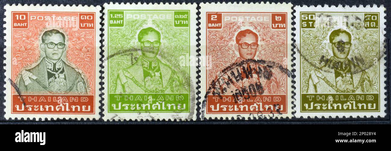 Postage stamps printed by Thailand, that show the portrait of King ...