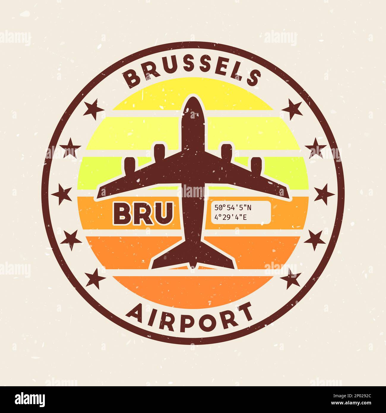 Brussels airport insignia. Round badge with vintage stripes, airplane shape, airport IATA code and GPS coordinates. Creative vector illustration. Stock Vector