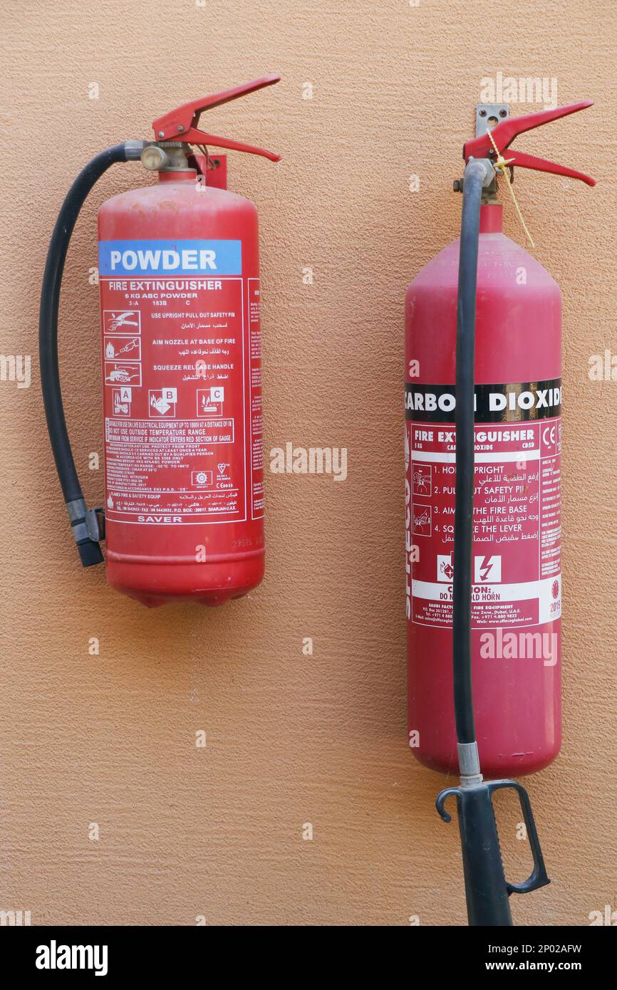 Dubai, United Arab Emirates - February 9, 2022 fire and safety equipment, emergency fire extinguisher usually fixed in kitchen and warehouses, buildin Stock Photo