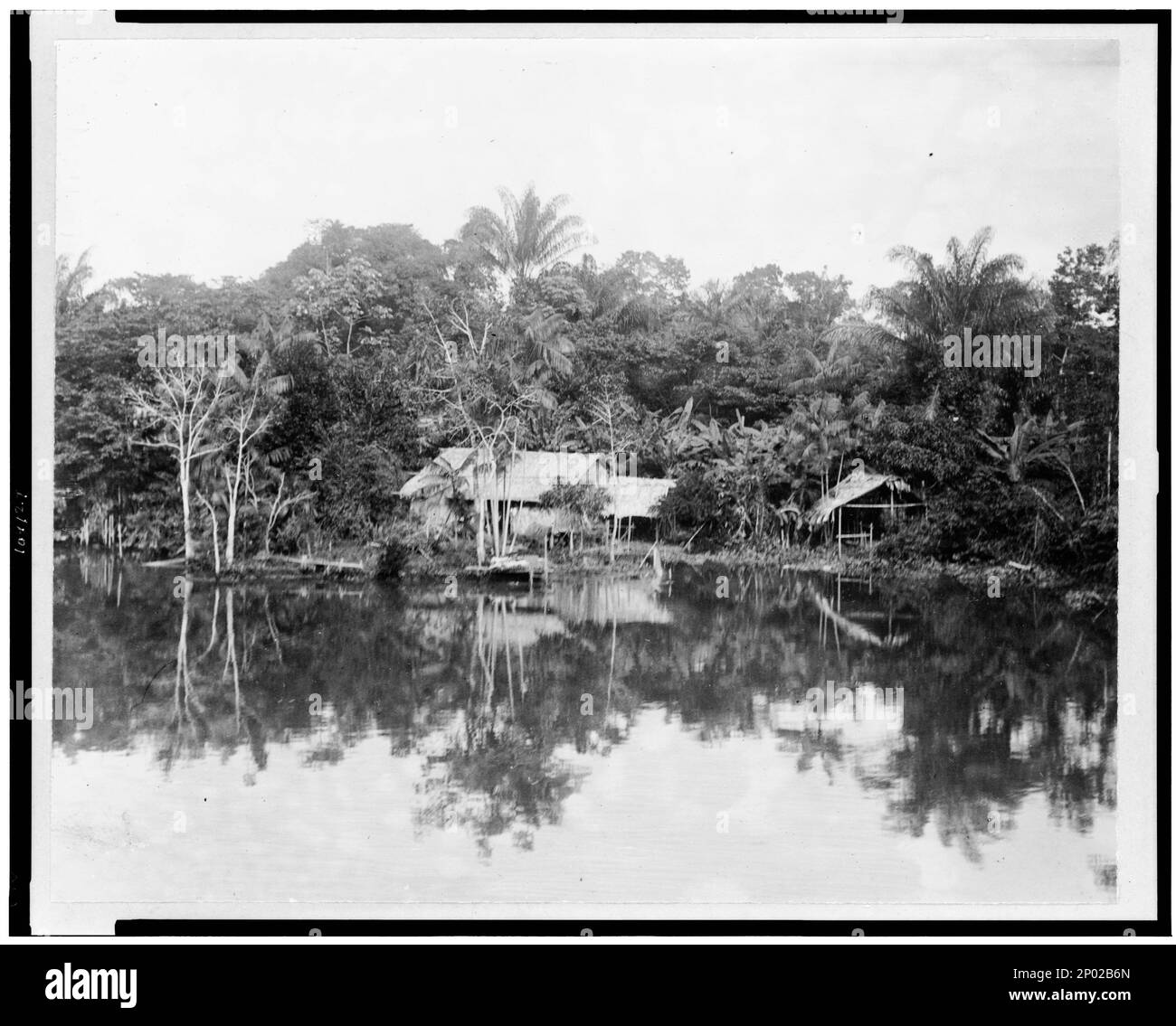 Indian hut in clearing on river bank, Brazil. Frank and Frances Carpenter Collection, Photo by The Booth Steamship Co, Ltd, Indians of South America,Brazil,Structures,1890-1930, Huts,Brazil,1890-1930, Tropical forests,Brazil,1890-1930, Rivers,Brazil,1890-1930. Stock Photo