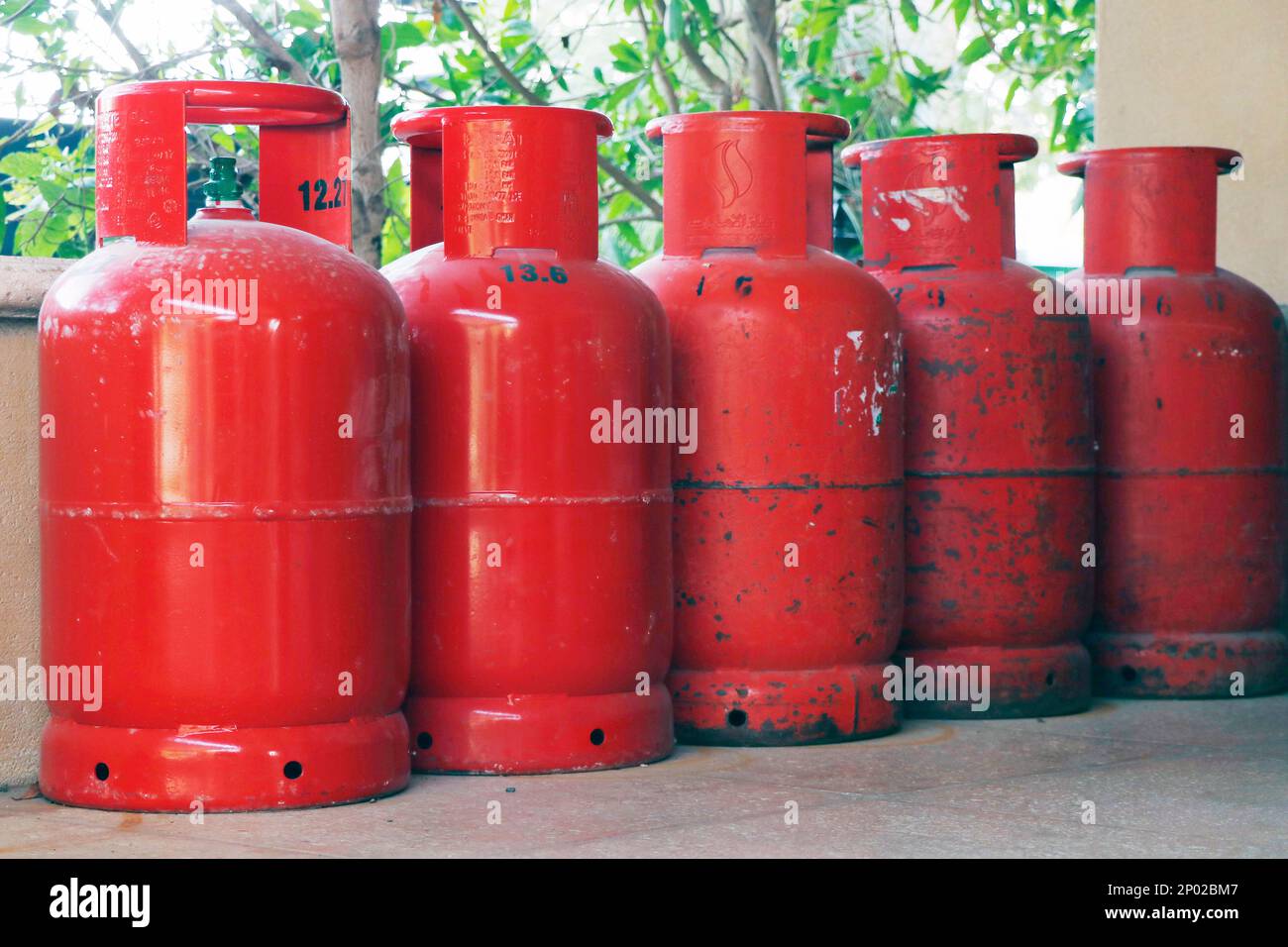 liquid petroleum gas (LPG) cylinders stored in an open chamber for safety purpose Stock Photo