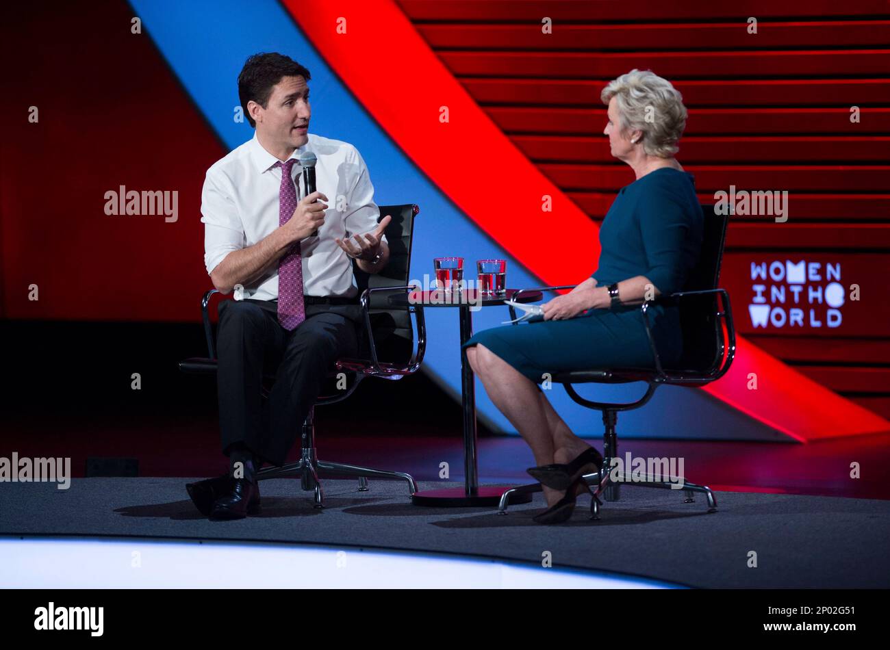 Canada Prime Minister Justin Trudeau, left, participates in an armchair discussion with Tina