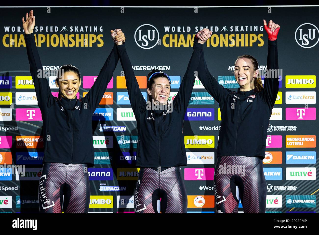 HERENVEEN Netherlands, 02/03/2023, (lr) Carolina Hiller, Ivanie Blondin, Brooklyn McDougall of