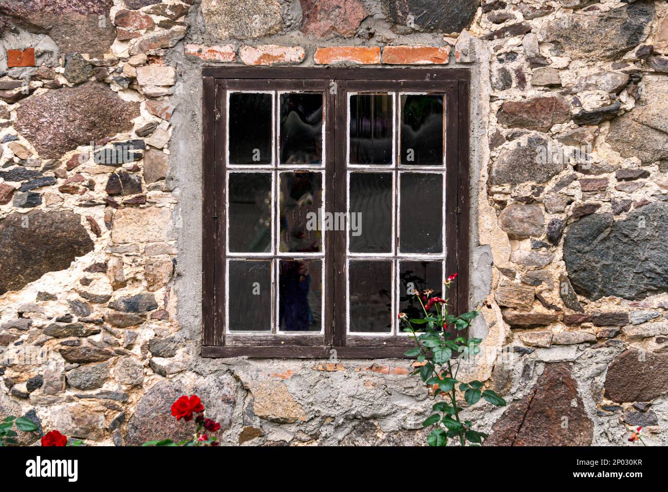 An old wooden window with glass, a fragment of an old manor Stock Photo ...