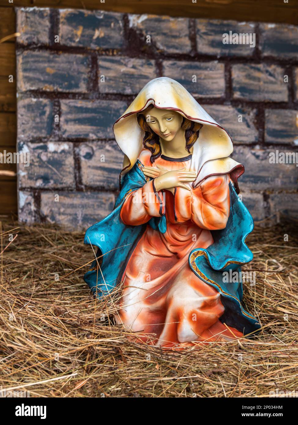 Lourdes, France - January 5, 2022: A figurine of a Virgin Mary in the Christmas nativiity scene - Christmas cribs Stock Photo
