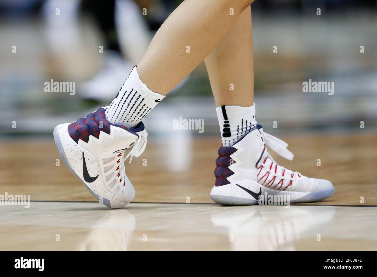 A detail view of a pair of Nike shoes works by a University of Connecticut Huskies player during a women s NCAA Final Four college basketball tournament game against the Mississippi State University