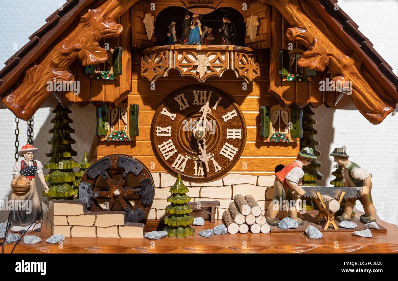 Neustadt, Germany - April 14, 2022: Close up of a cuckoo clock, a typical product of Black Forest in Germany Stock Photo