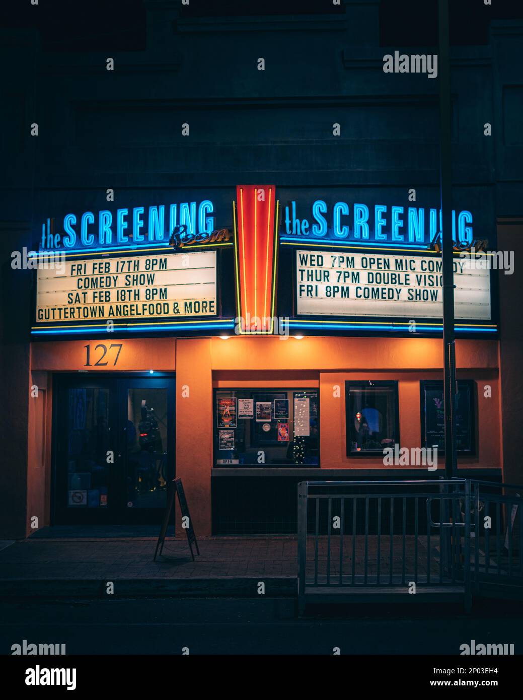 The Screening Room vintage neon sign at night, Tucson, Arizona Stock Photo