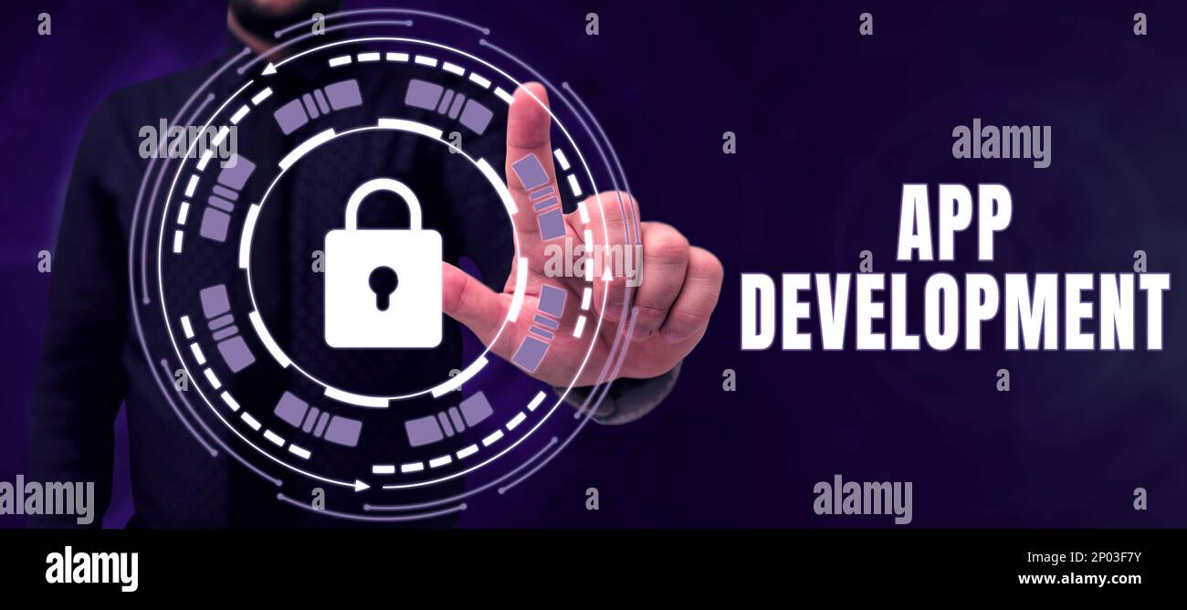 Writing displaying text App Development. Business overview Development services for awesome mobile and web experiences Stock Photo
