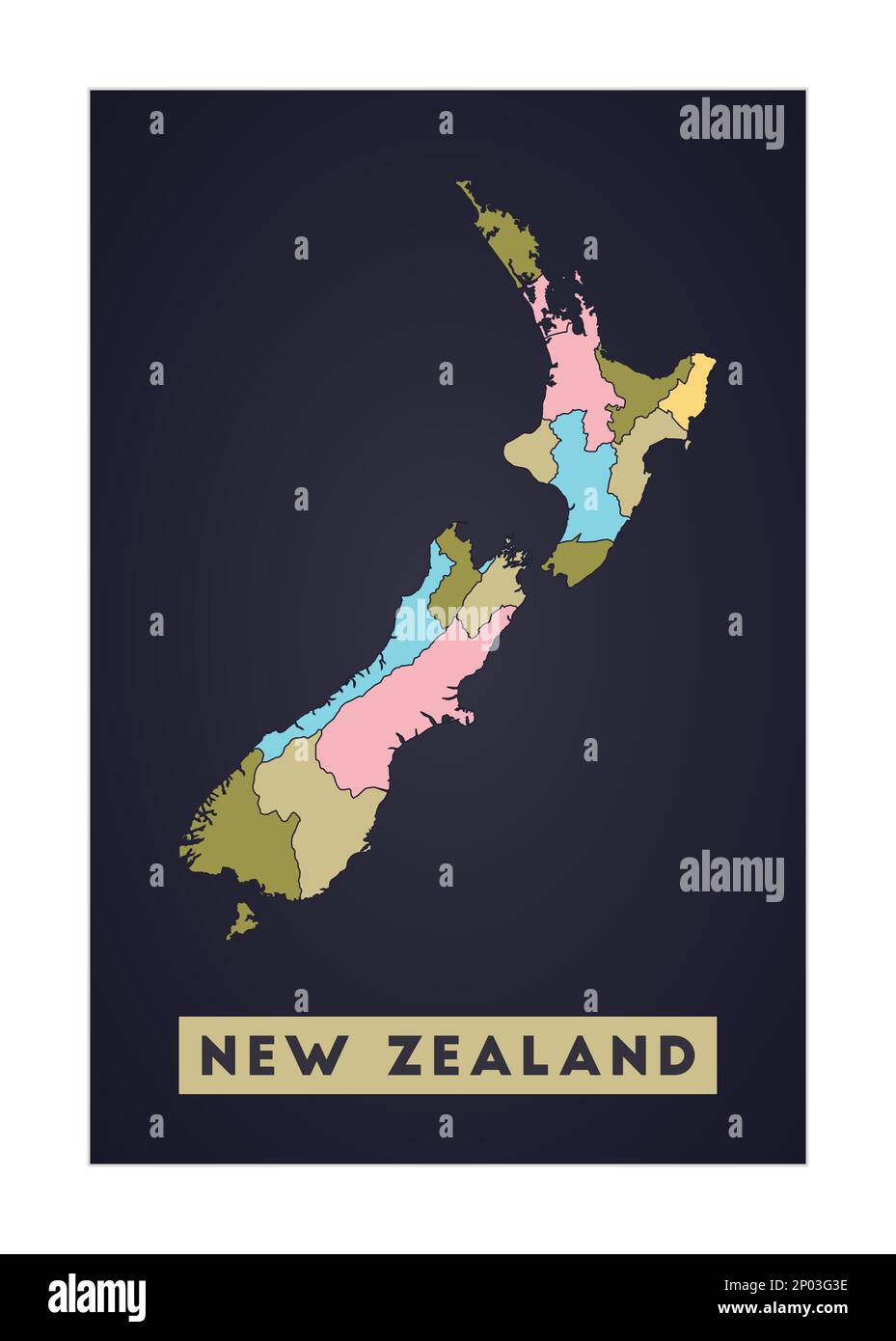 New Zealand map. Country poster with regions. Shape of New Zealand with