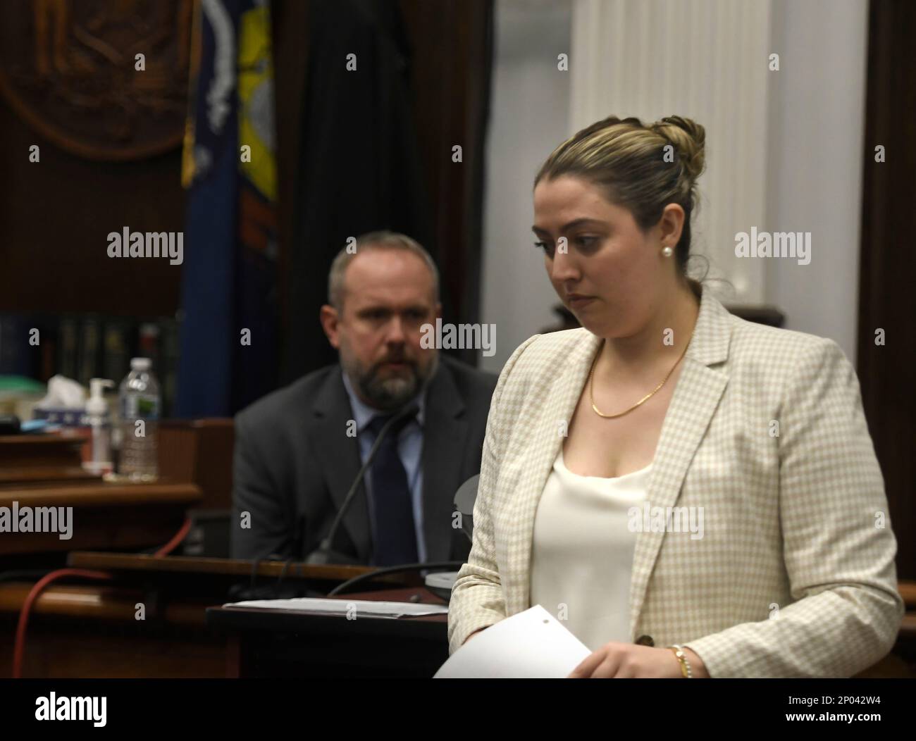 Nicole Muller, an attorney for Zachariah Anderson, right, questions