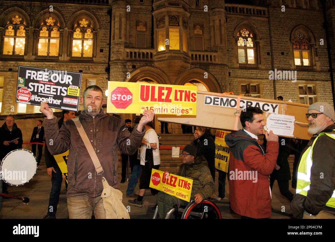 London, UK. 2nd Mar, 2023. Demonstrators outside Ealing Town Hall protest against ULEZ. The Mayor of London, Sadiq Khan, and London Assembly Members are quizzed by Londoners on the key issues facing the capital at the first Peoples Question Time of 2023 at Ealing Town Hall. Credit: Mark Thomas/Alamy Live News Stock Photo