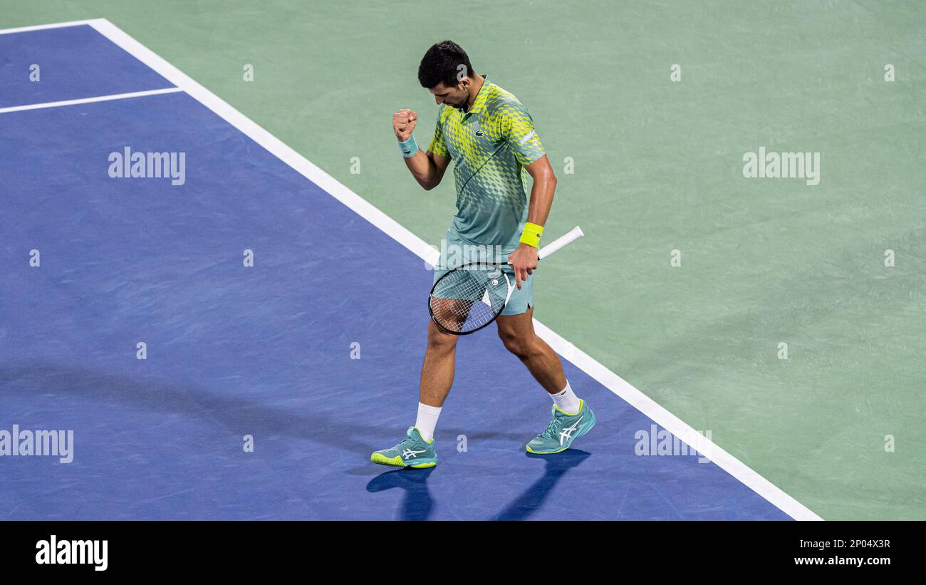 Dubai, United Arab Emirates. March 02, 2023, Dubai, United Arab Emirates.  March 02, 2023 Novak Djokovic of Serbia celebrates victory over Hubert  Hurkacz of Poland during their ATP 500 Dubai Duty Free